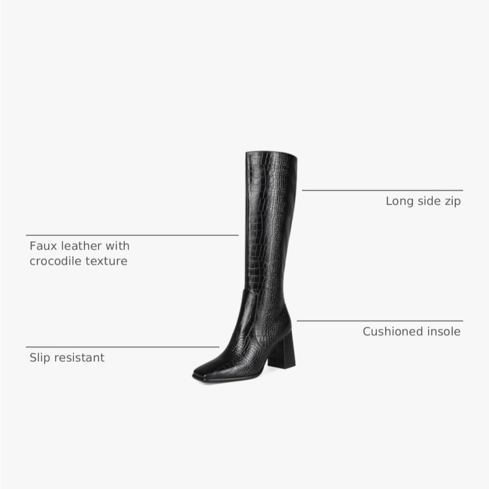 NWT Black Croc-Embossed Knee-High Block Heel Boot - Picture 11 of 13
